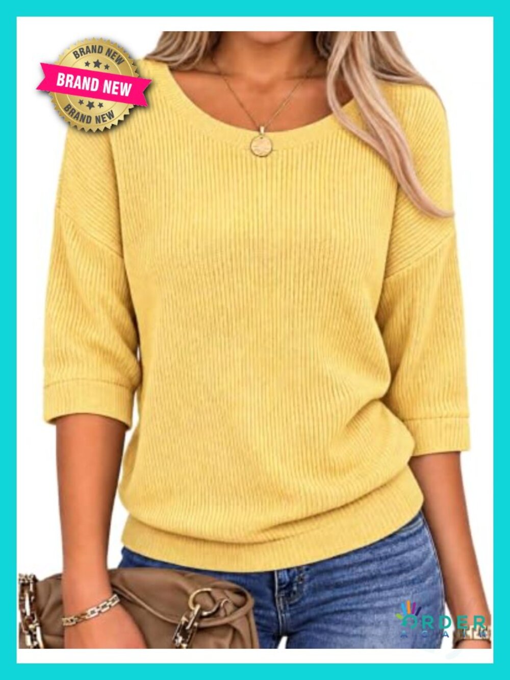 3/4 Sleeve Crochet Pullover Sweater Lightweight Knit Crew Neck Loose Fit